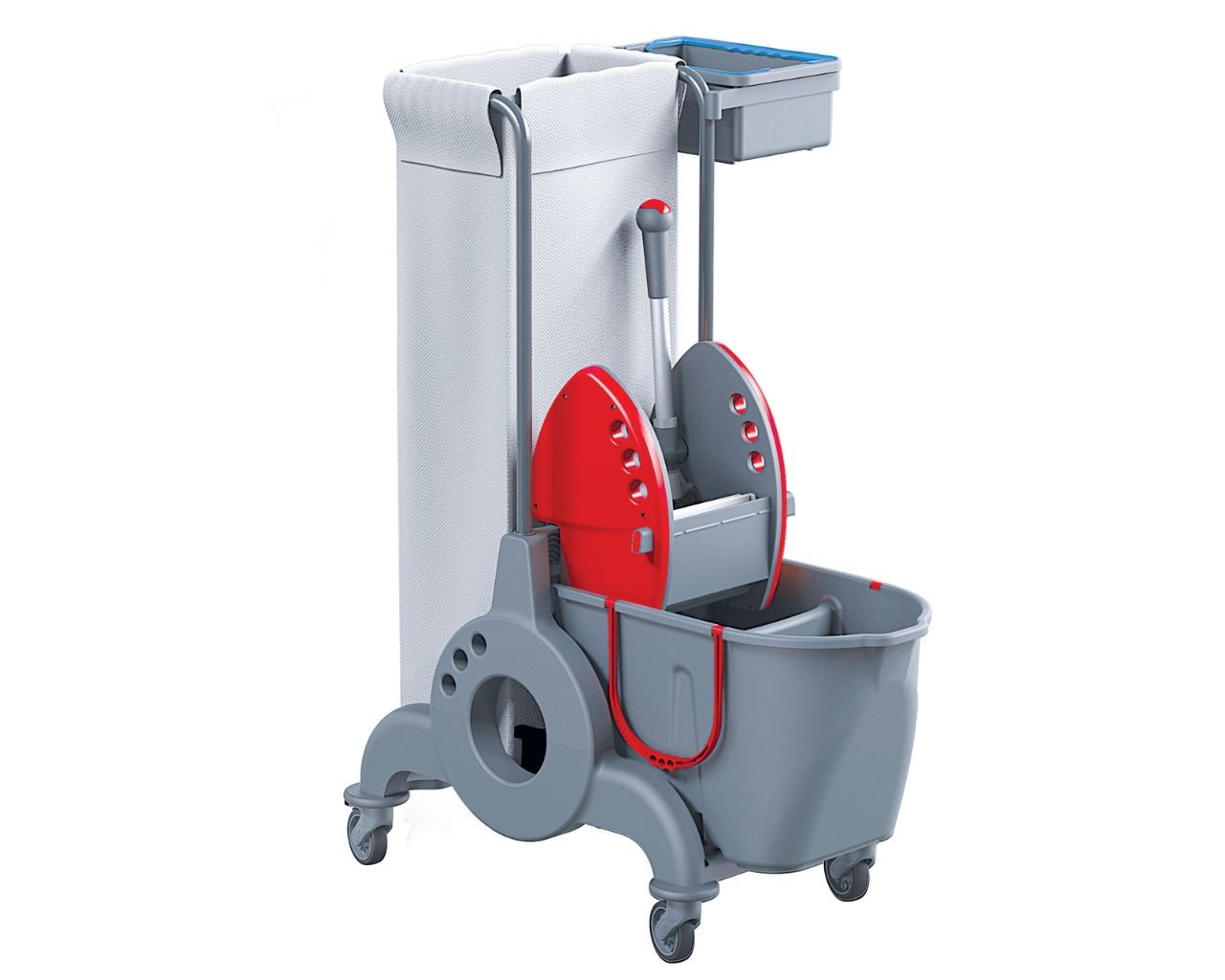 Wózek serwisowy do sprzątania, MERIDA OPERA, jednowiadrowy,  wiadro dwukomorowe 15 l + 10 l, kuweta z uchwytem w kolorze niebieskim, czerwona prasa, uchwyt na worek 90 l, worek z tworzywa sztucznego